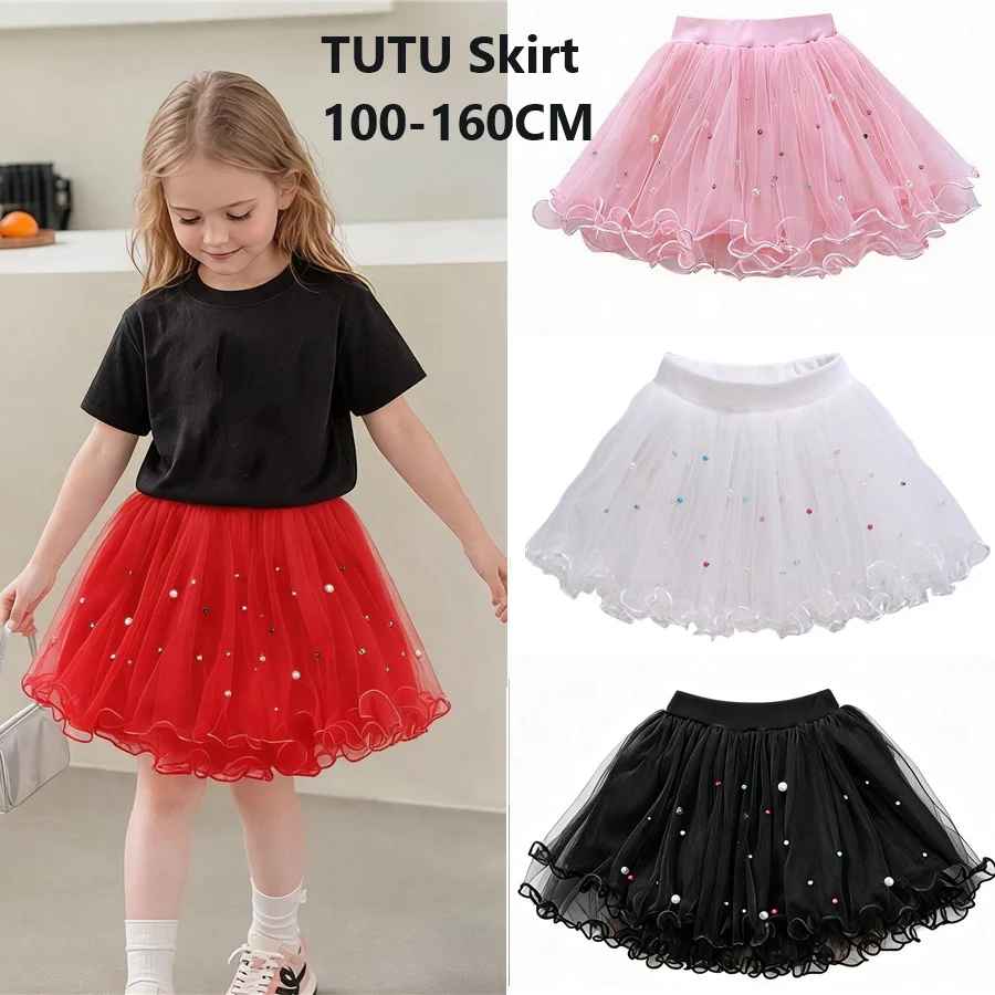 Girls Christmas Tutu Skirt Colorful Bead Decor Princess Tulle Skirt Kids Elastic Waist Party Short Skirt for Holiday Birthday