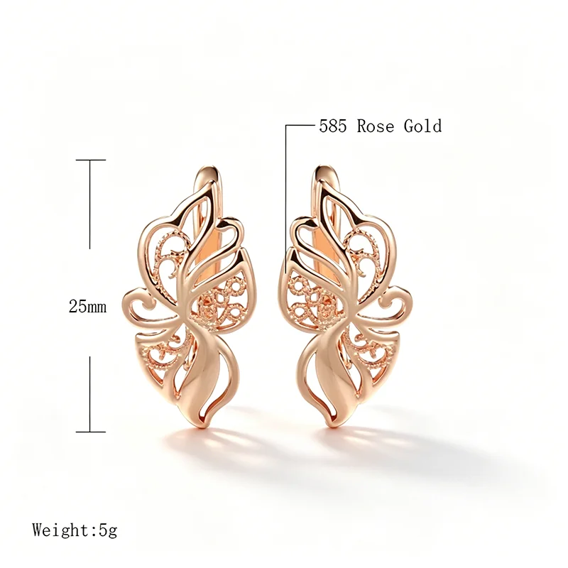 Kinel Unique 585 Rose Gold Color Drop Earrings For Women Fashion Glossy Ethnic Hollow Flower Accessories Daily Fine Jewelry