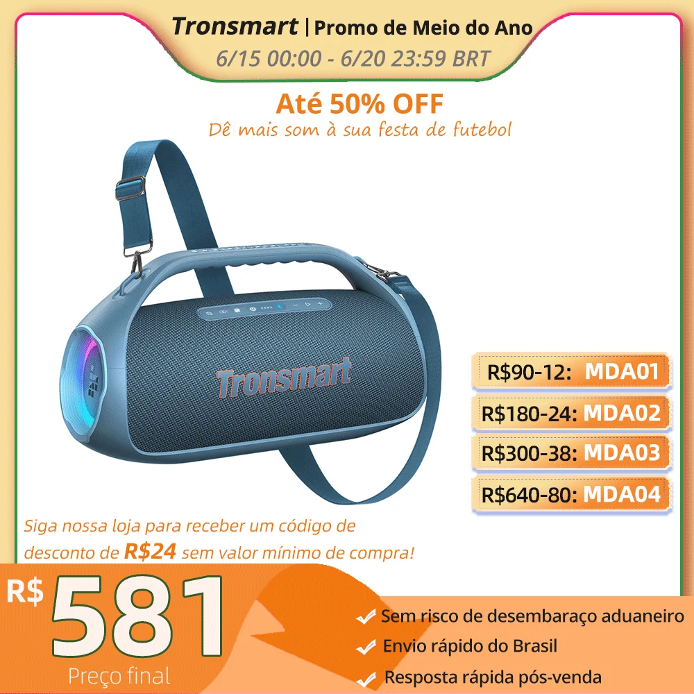Tronsmart Caixa de Som Bang 2 90W Boombox Bluetooth para Área Externa com Subwoofer, Graves Potentes, 26 Horas de Reprodução, IPX6 à Prova d'Água, Caixa de Som Portátil para Camping