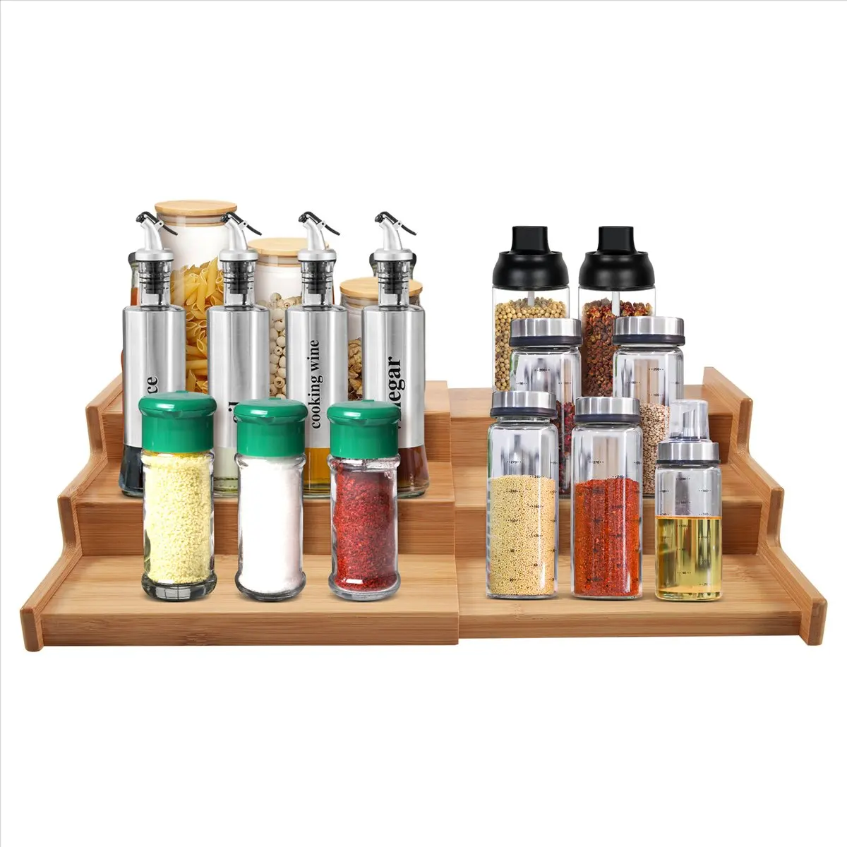 REST Spice Rack Kitchen Cabinet Organizer- 3 Tier Bamboo Expandable Display Shelf, Bamboo 3-Layer Adjustable Spice Rack