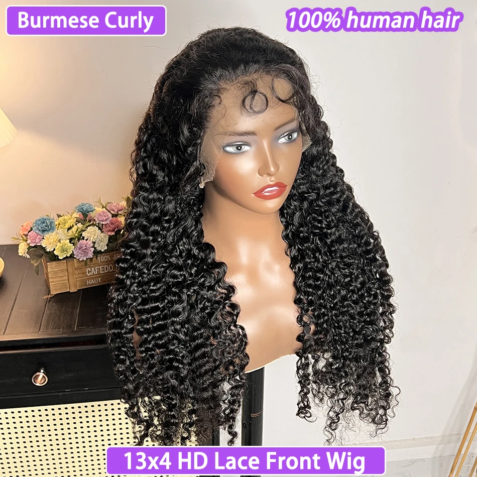13x4 HD الدانتيل الباروكات الأمامية البورمية شعر بشري مجعد 200٪ الكثافة # 1B عقدة مبيضة ملونة طبيعية 100% شعر بكر خام #1