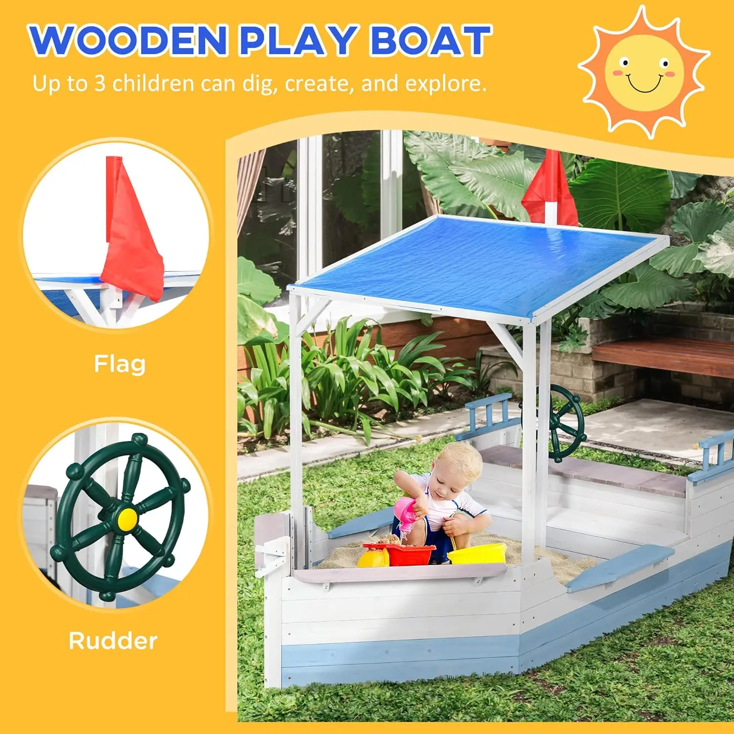 Kids Sandbox with Canopy, Pirate Ship Wooden Sand Boxes with Bench for Backyard, Sand Pit for Toddlers, 83" x 43", Blue
