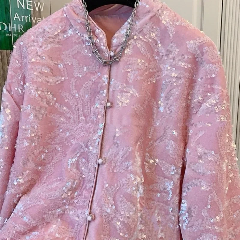 Pink new Chinese style light luxury fashion coat female 2024 autumn and winter new fashion temperament design sequined top.