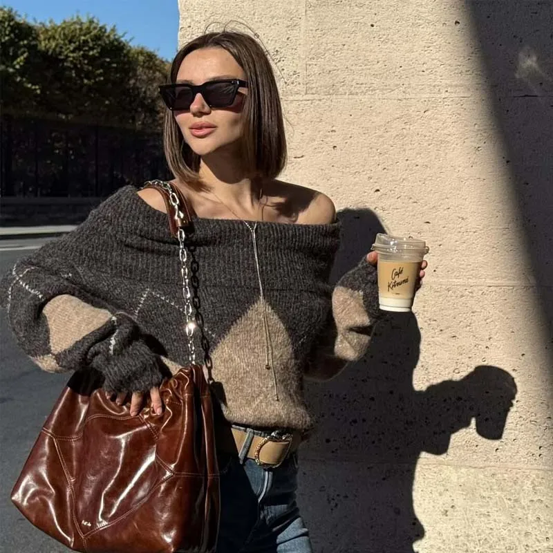 

Vintage Argyle Sexy Off Shoulder Knit Sweater For Women Long Sleeve Loose Casual Autumn Winter Pullover