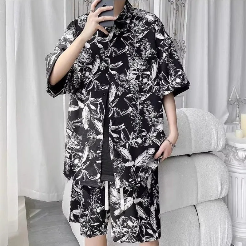 

Men's Summer Trendy Brand Cool Edgy Loose Fit Ink Wash Painting Short Sleeve Shirt And Shorts Casual Two Piece Set New Arrival