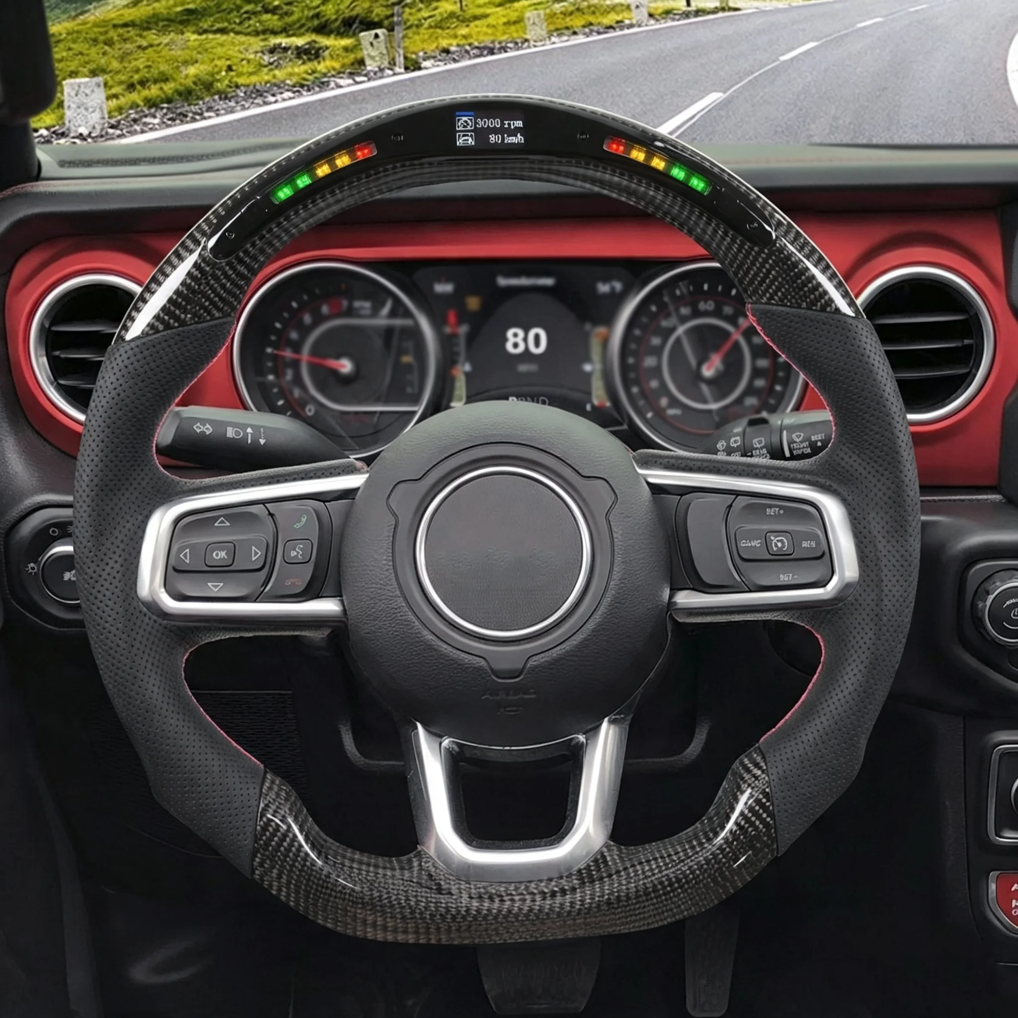 Suitable for Jeep Wrangler 19-year-old carbon fiber LED smart multi-function car modification steering wheel upgrade