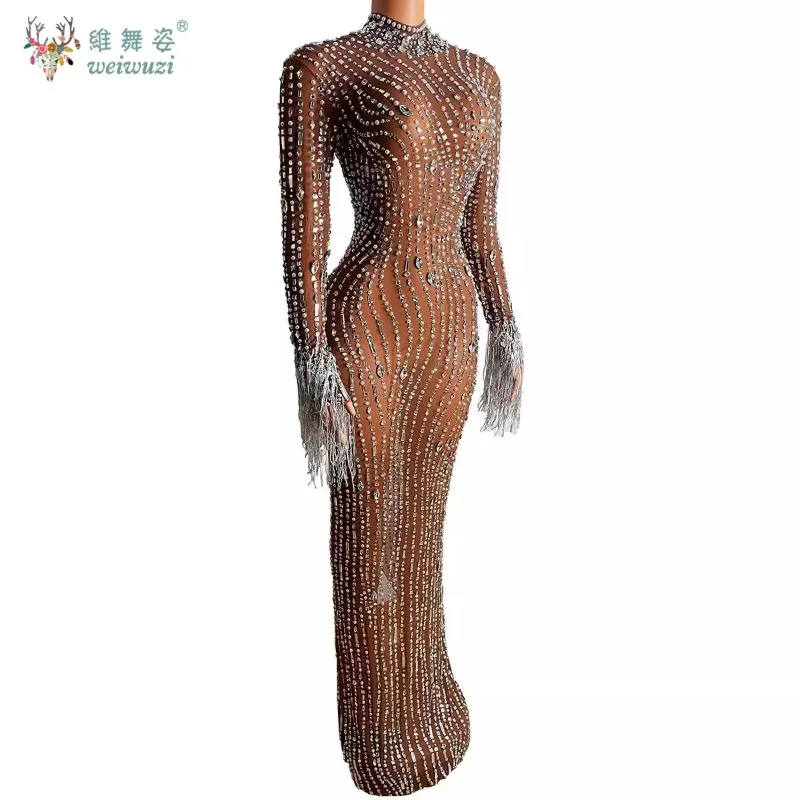 Sparkly Rhinestones Fringes Sleeves Inlaid Pearls Stretchy Dress Sexy Mesh Transparent Stage Gown Red Carpet Evening Dresses