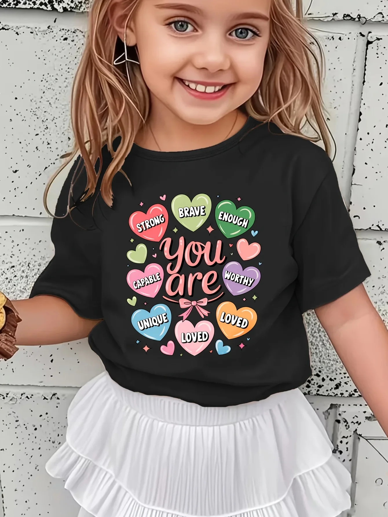 Little Girls Inspirational Short Sleeve Tee You Are Loved Worthy Colorful Heart Pattern Children Cute Daily Outfit Shirt