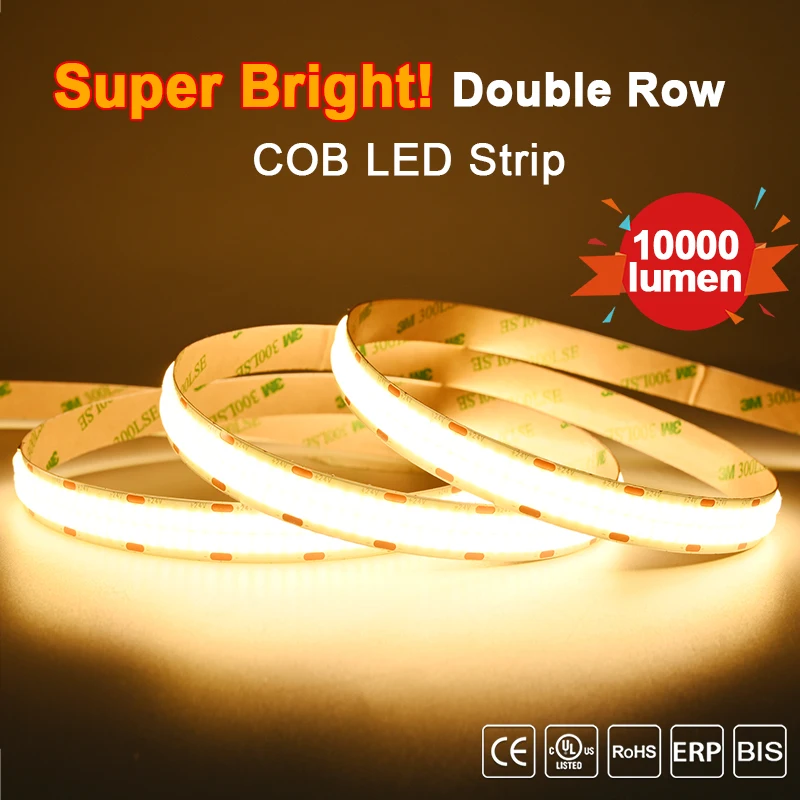 

Super Bright COB LED Strip 2000lm/m Double Row 600LEDs/m Flexible Dimmable Led Lights RA90 Tape Lighting 3000K 4000K 6500K DC24V