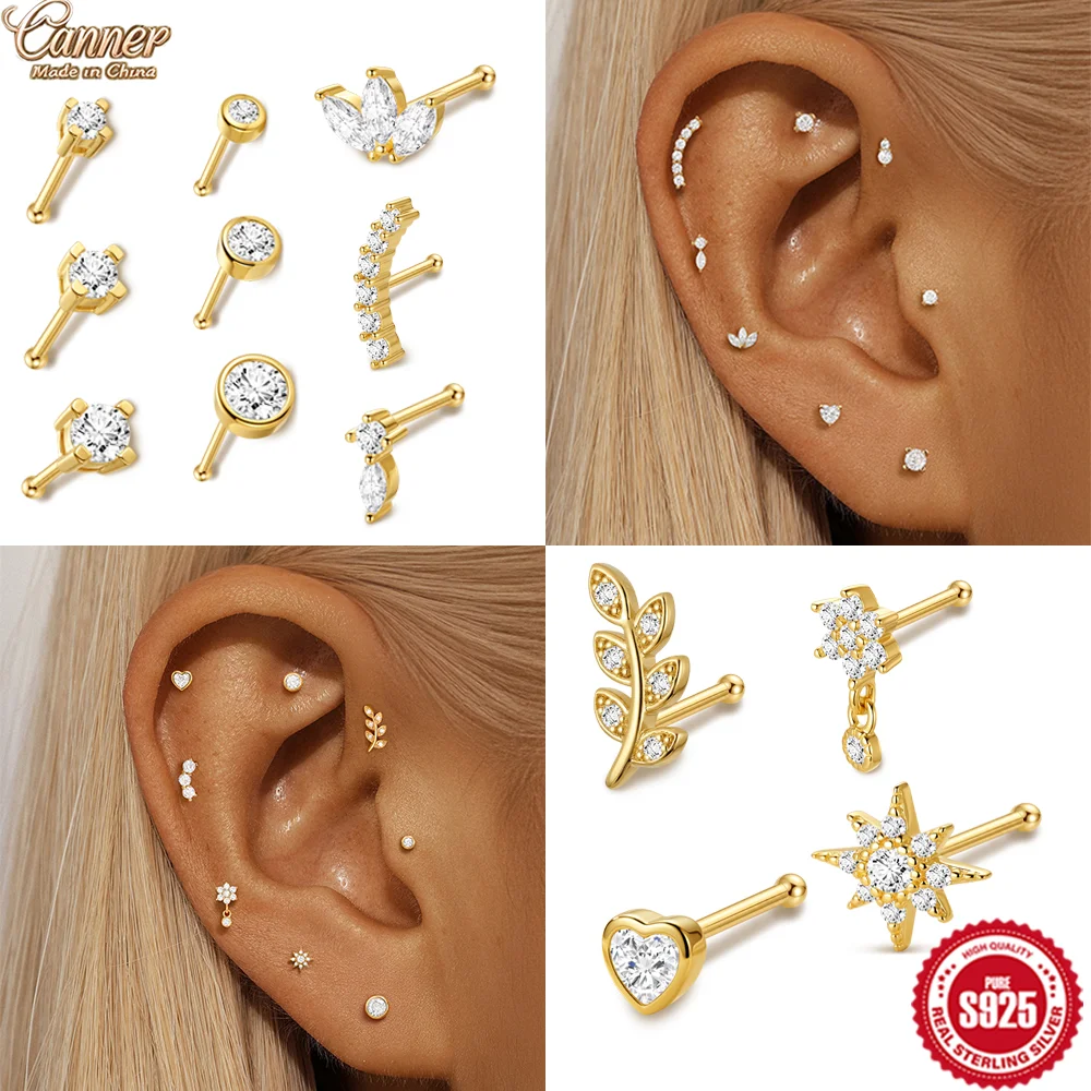 CANNER 925 Sterling Silver CZ Flower Heart Star Leaf Earring Studs Set Lips Nose Rings Piercings Flat Back Internal Thread Gift