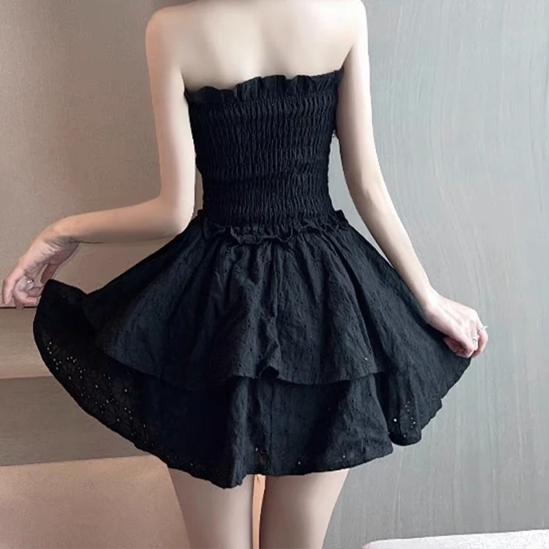 Houzhou weiße Spitze träger loses Mini kleid süß sexy rücken frei Gürtel Taille Rüschen lässig schlanke Kleider Party Urlaub kurzes Kleid