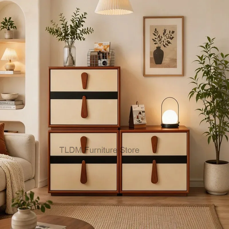 Patchwork Nightstand Teardrop Wooden Pull Handles Two-Tone Storage Bedside Cabinet Minimalist Accent Side Table for Bedroom