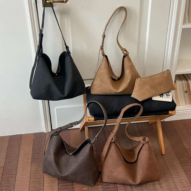 Vintage Woven Texture Suede Crossbody Bags Women Autumn Winter Messenger Bag 2-in-1 Tote Bag Casual Daily Work Shoulder Bags