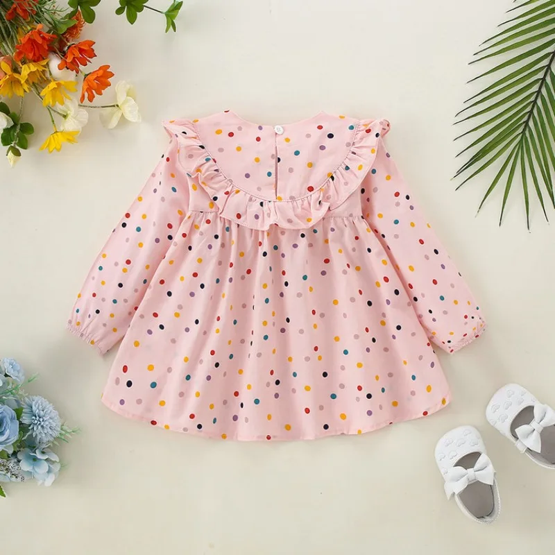 فستان HoneyCherry الجديد للخريف برقبة دائرية مع طباعة منقط ملون وياقة مطرزة، فستان الأميرة للأطفال للفتيات #2