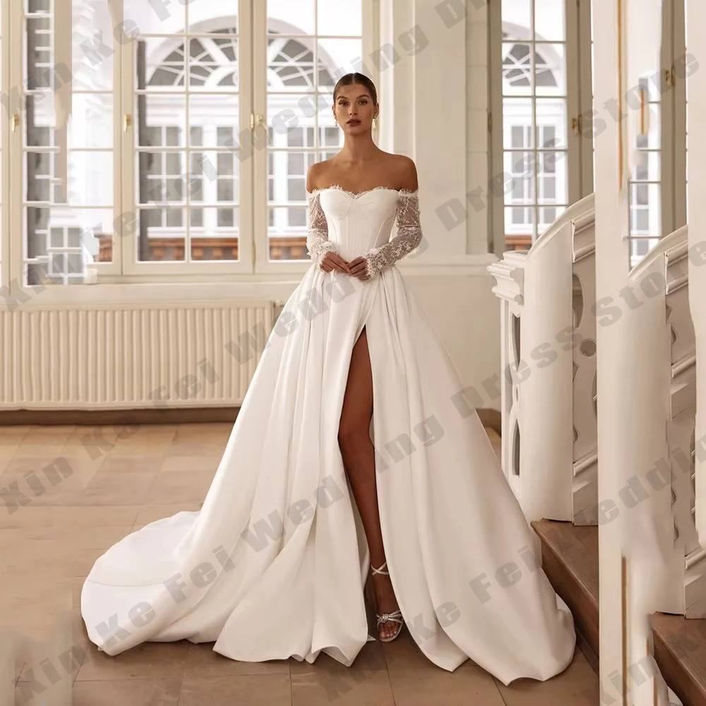 Elegant Women's Bridal Gowns Sexy Off Shoulder Lace Long Sleeve Satin Princess Wedding Dresses Party Customized robe de mariée
