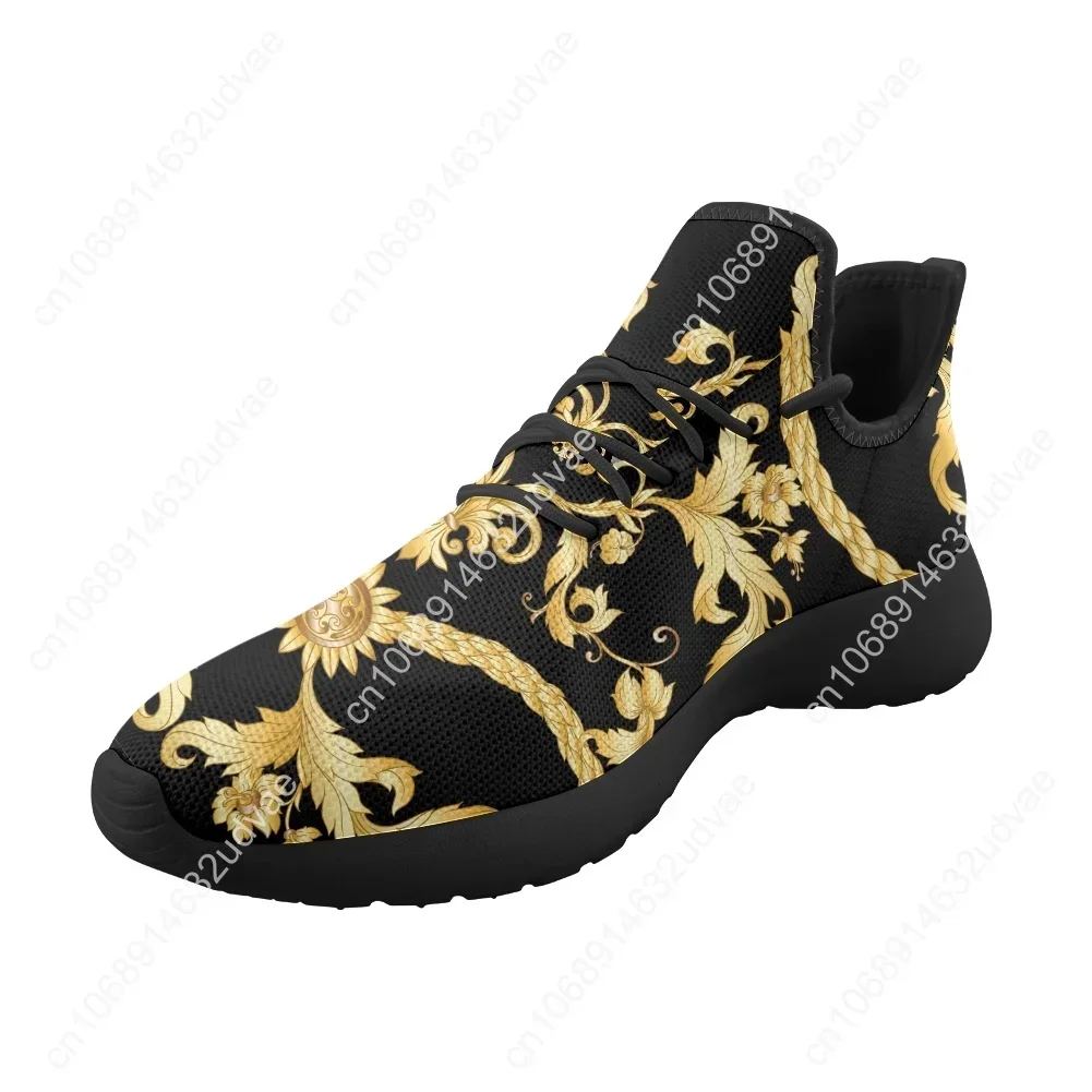 Luxury Golden Europe Floral Women Shoes Flats Sneakers Casual Baroque Design Lace Up Walking For Youth Girls Unisex