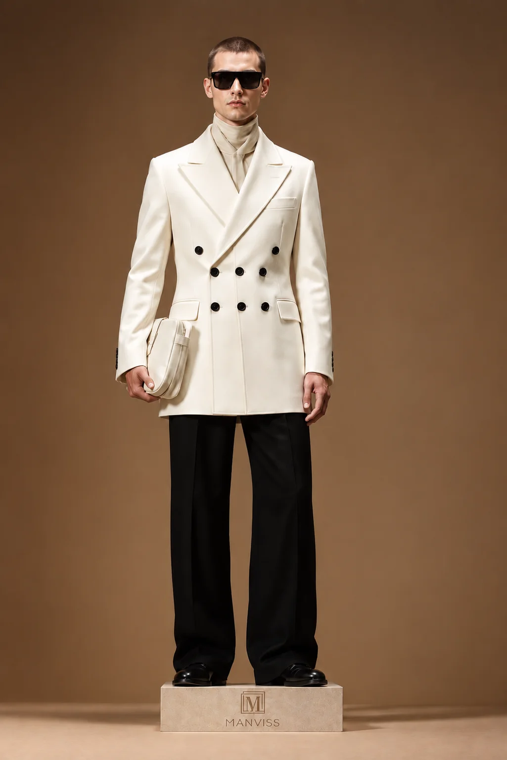 Luxury White Double-Breasted Blazer Coat with Contrast Black Buttons Men Autumn Party Suit Jacket Customized M266803