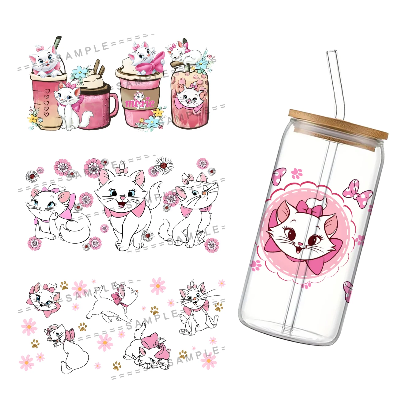 Disney Marie Cat Waterproof Decal UV DTF Cup Wrap 16oz For Libbey Glass Permanent Adhesive Ready To Apply No Heat Needed