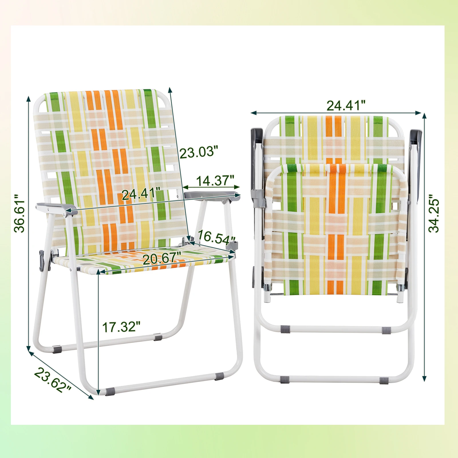 

Set of 2 Webbed Folding Beach Chairs, Outdoor Patio Lawn Foldable Chairs for Camping Fishing Yard Poolside BBQ, Yellow & Green