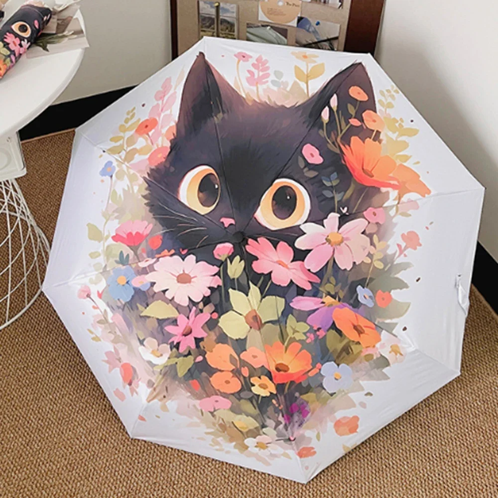 Flower Kitten Cartoon Folding Umbrella Sun Protection UV Protection Female Sun Umbrella Automatic Umbrella Portable Umbrella