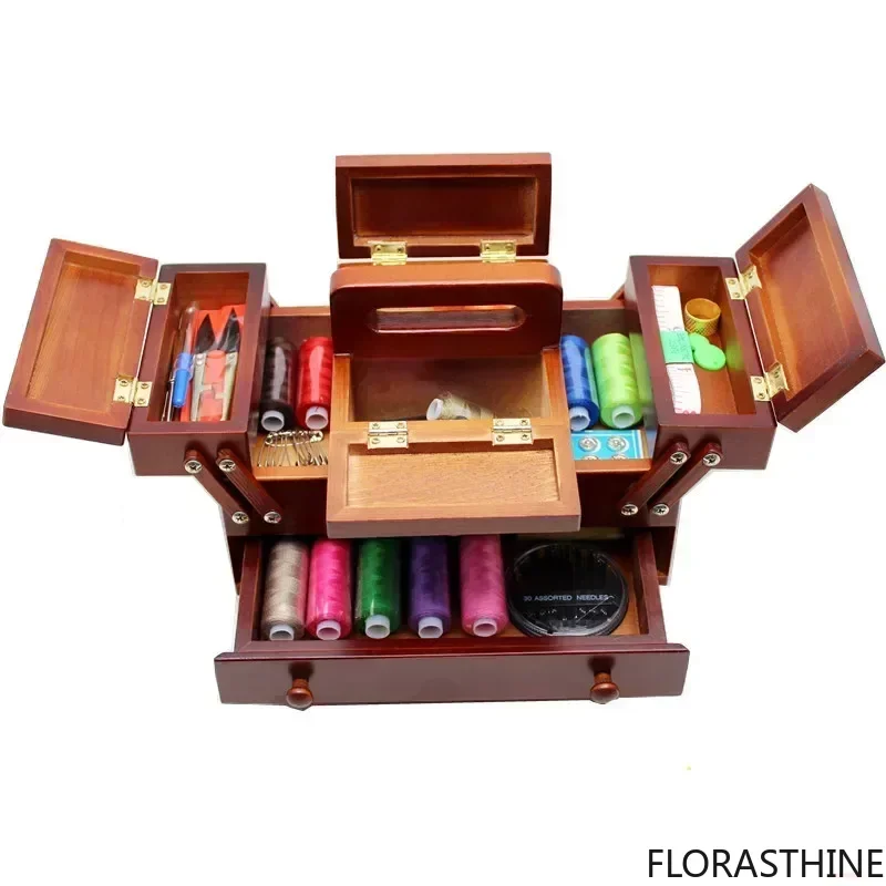 Natural wood sewing box Polyester Sewing thread Needlework Knitting Organizer Patch Storage Box Case with Accessories