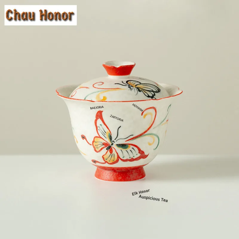 

100ml Hand-painted Feather Butterfly Ceramic Gaiwan Hndmade Tea Tureen Tea Bowl With Lid Kit Tea Maker Cover Bowl Tableware Gift