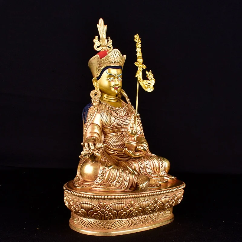 Antique Copper Gilded Carving Padmasambhava Tantric Buddha Statues Tibetan Buddhist Home Offerings and Ornaments