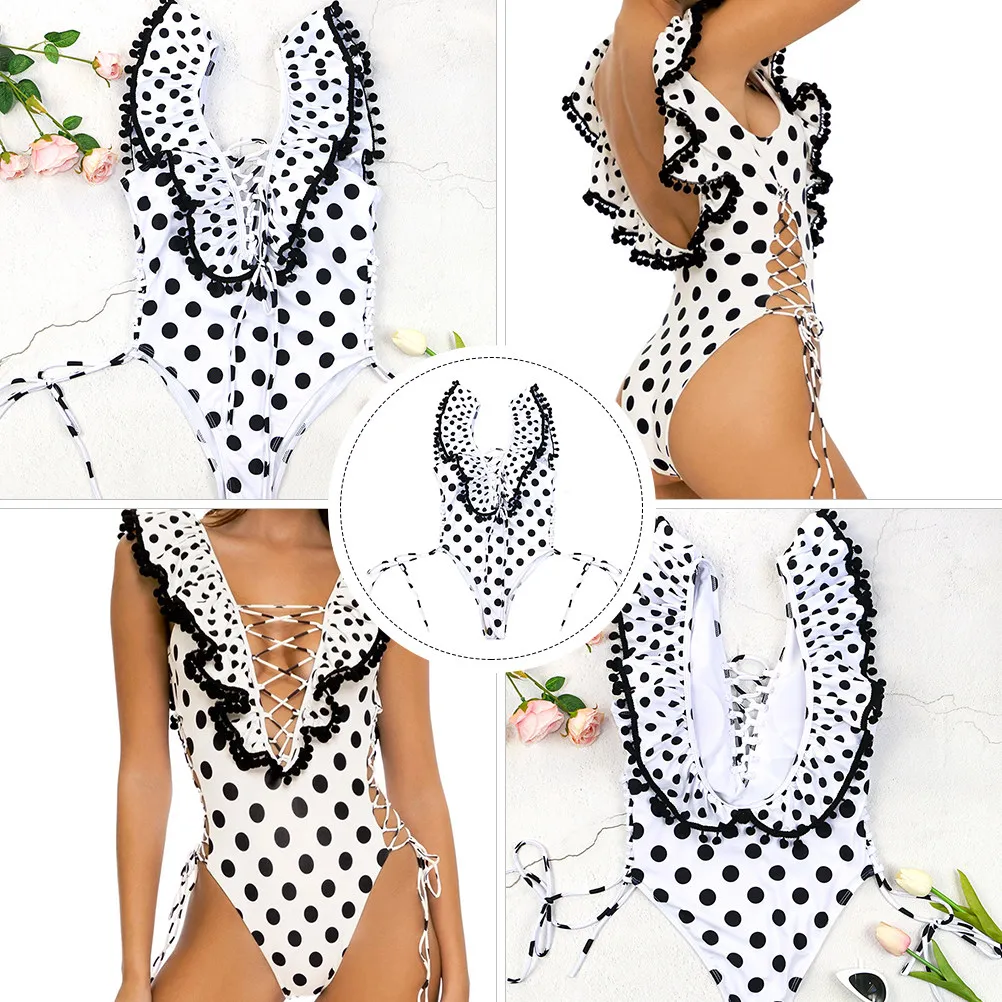

Black Polka -Piece Swimwear Elastic Halter Straps Women Swimwear Backless Bathing Suit Vacation Beachwear