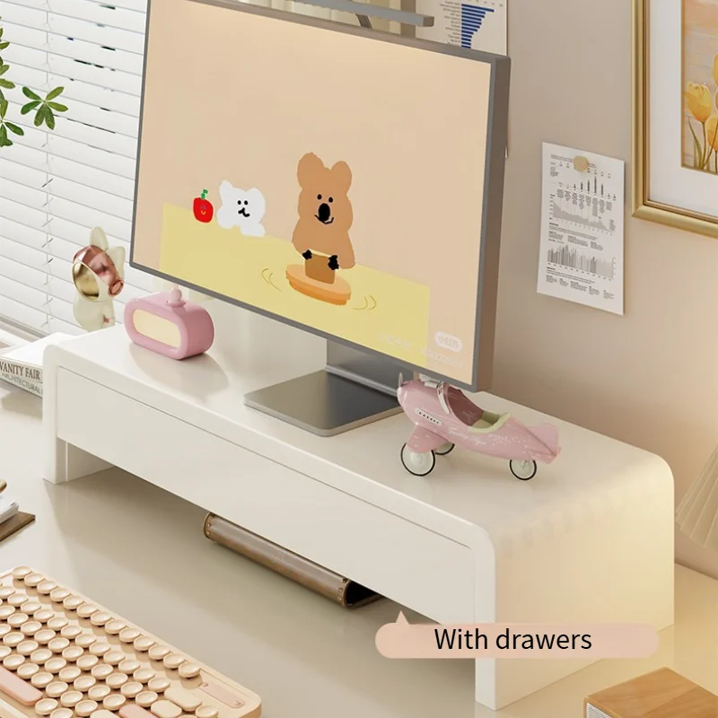 Wooden Monitor Holder with Drawer Desktop Computer Display Bracket Office Monitors Organizer Riser Stand Monitor Storage Support