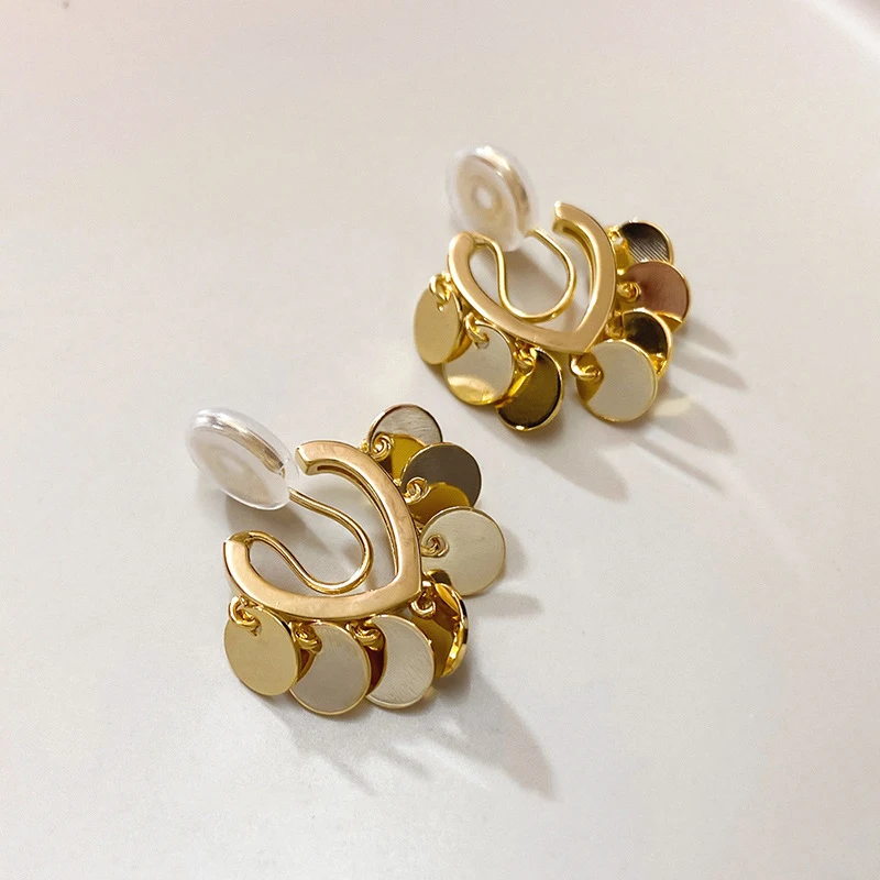 Trendy Real Gold Metal Sequins Mosquito Coil Clip on Earrings Cute Heart Shape Non Pierced Ear Clips for Women Party Jewelry