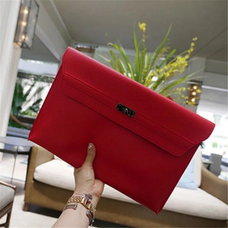 Envelope de couro PU para mulheres, embreagem vermelha, bolsa feminina, padrão de lichia, bolsas de mão simples, vermelho