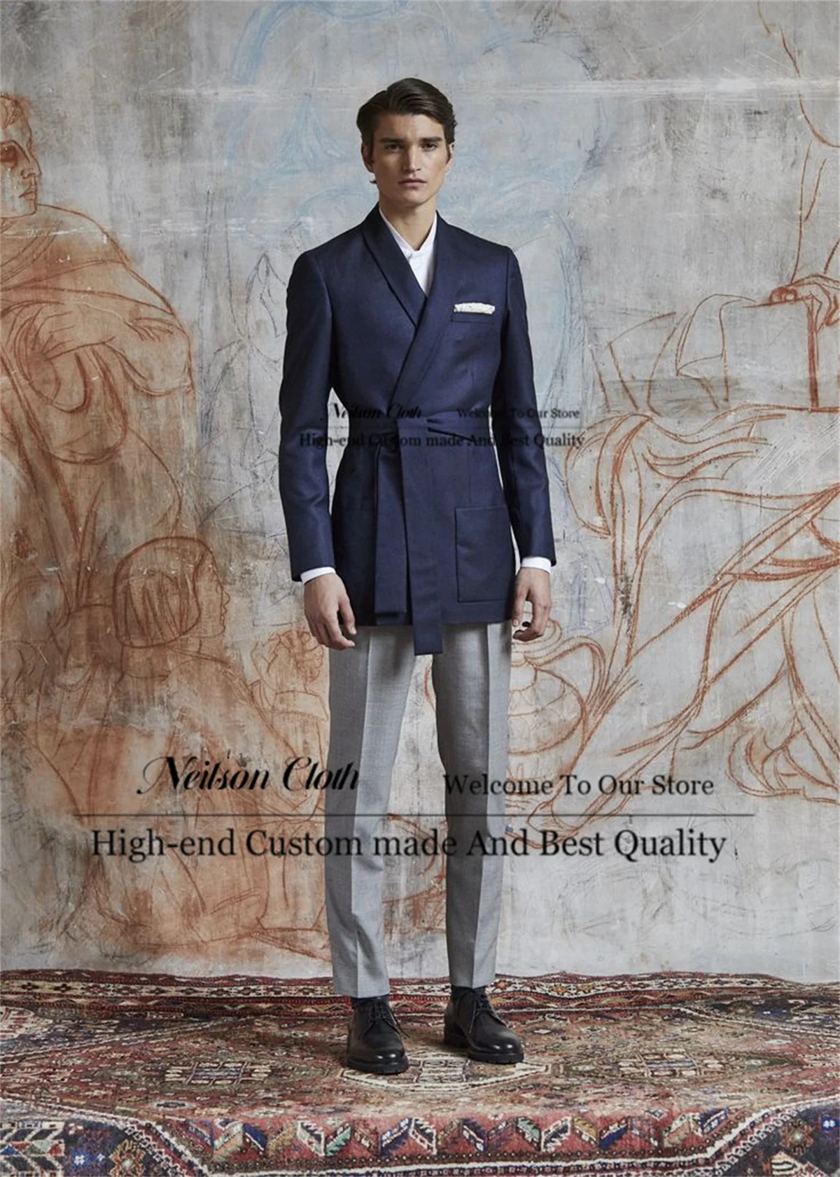 

Formal Navy Blue Jacket Male Prom Blazers 2 Pieces Sets Shawl Lapel Groom Wedding Tuxedos Customized Grey Pants Costume Homme