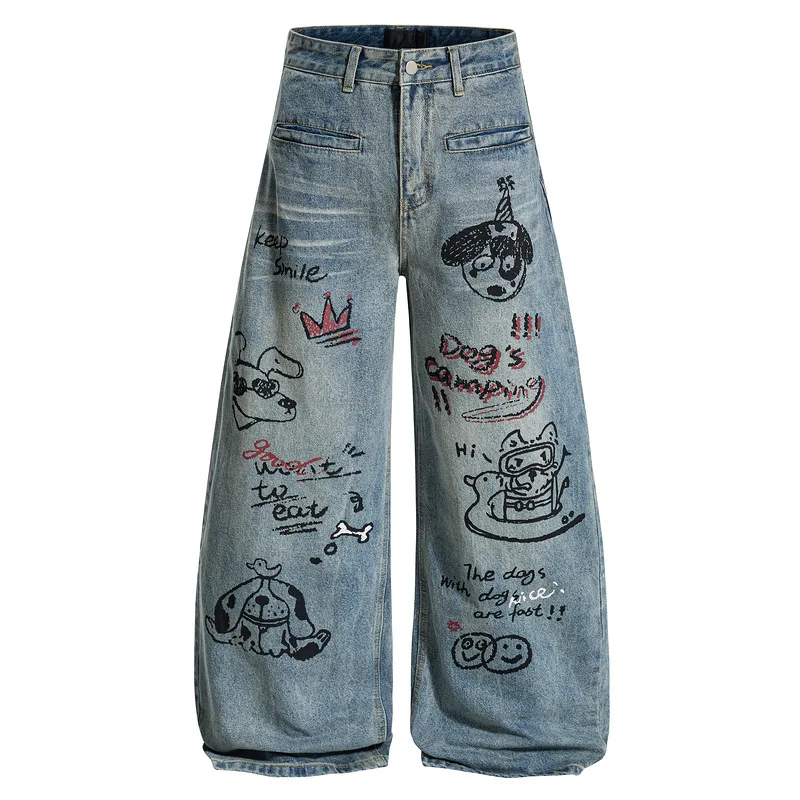 Men Fashion Graffiti Jeans Pants Loose Fit Vibe Style Y2K Denim Trousers Cartoon Printed Oversized Hip Hop Jeans Washed Vintage
