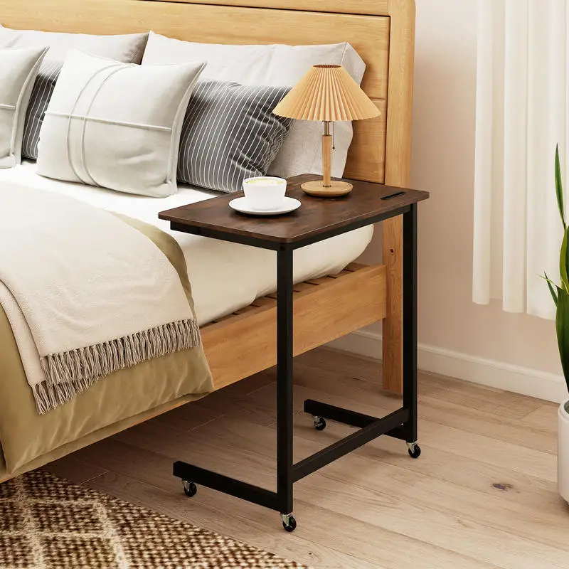 C-Shaped Side Table With Wheels, Industrial Metal Frame, Built-In Phone Slot, Movable Base For Sofa Or Bedside Reading, Rustic Brown Finish