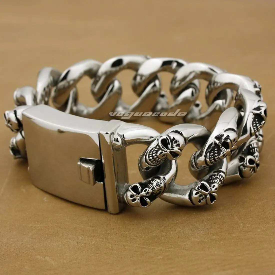 Huge Heavy Stainless Steel Skulls Bracelet Biker Rocker Punk Link Chain 5F005