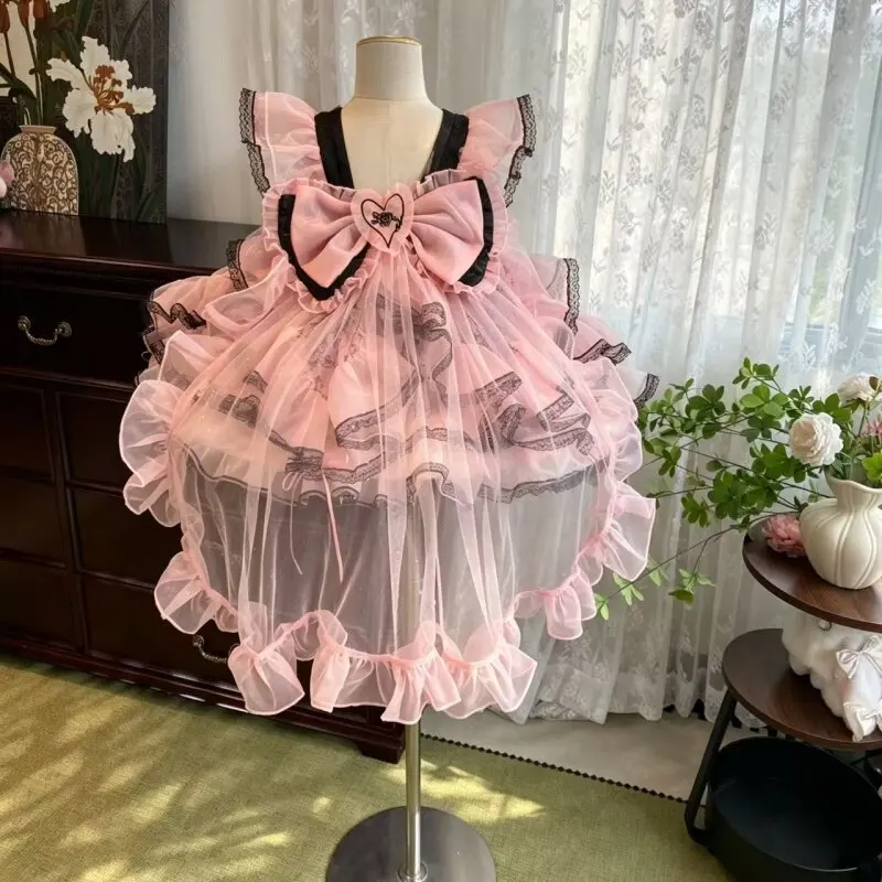 Mädchen Rosa-Schwarzes Herz-Spitzen-Lolita-Kleid, Kinder-Rüschenrock, ärmelloses süßes Prinzessinnenkleid für Geburtstagsfeiern und Fotoshootings – Detail 4