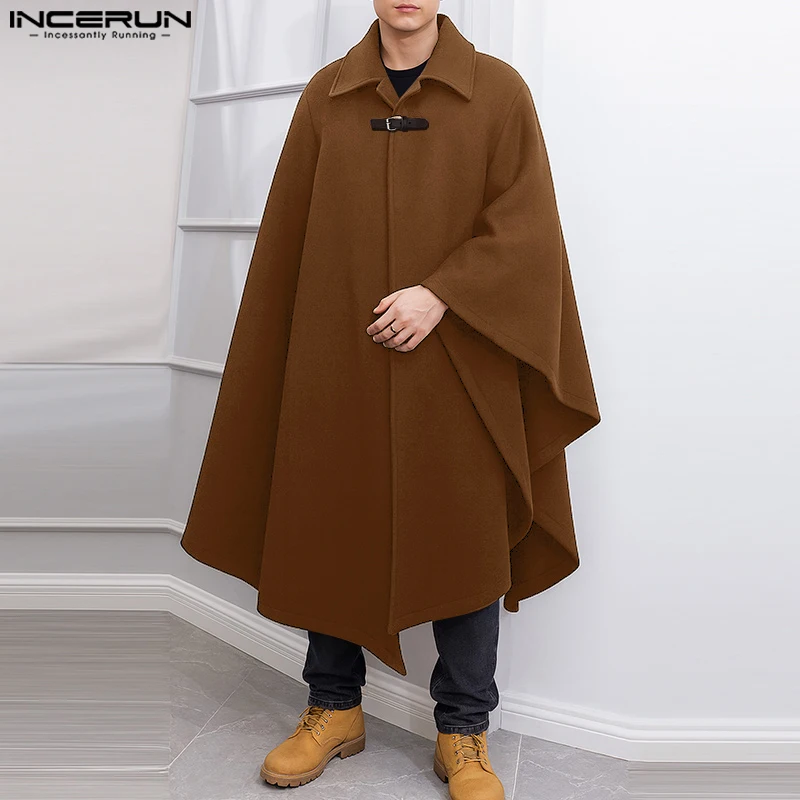 

INCERUN Men Trench Solid Color Lapel One Button Loose Cloak Cape Men Streetwear 2025 Fashion Casual Long Style Coats Men Ponchos