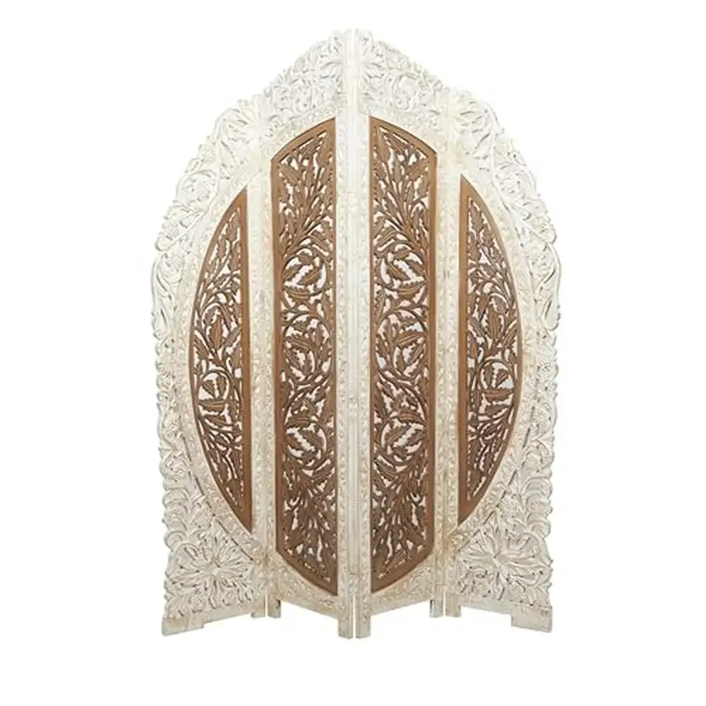 Mango Wood Handmade Room Divider Screen Folding 4 Panel Privacy Screen Intricately Carved Floral Design Arched Partition Durable