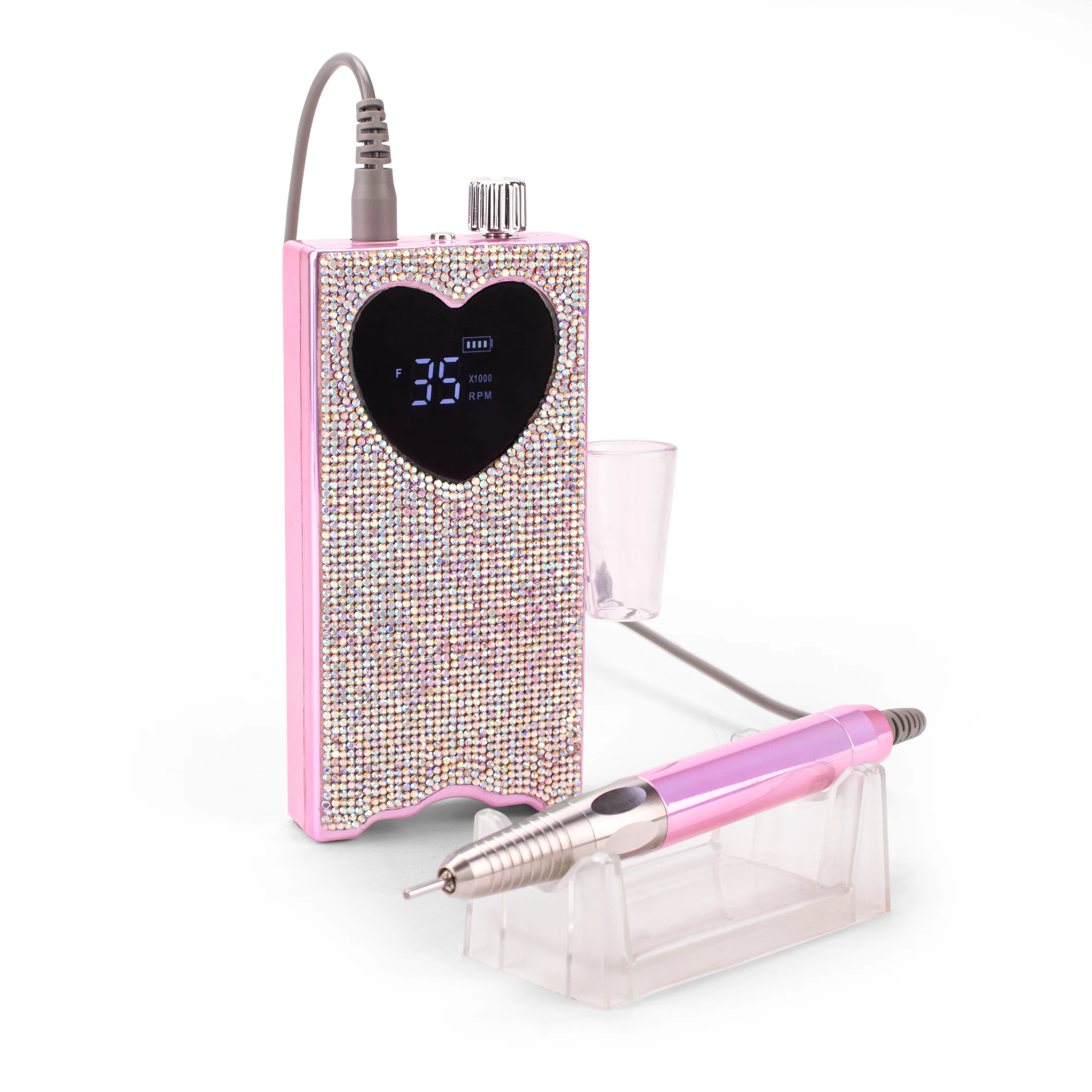 2022 New Arrival Shiny Crystal Rhinestone 85W Portable Cordless e file Nail Drill Machine  Ultra-thin Heart Shape 35000rpm