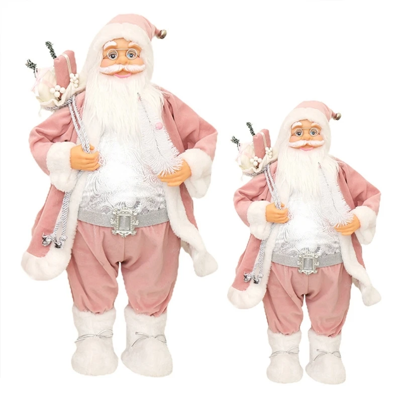 KX4B Christmas Pink Robe Santa Figurine for Doll Plush Standing Statue Toy Deco