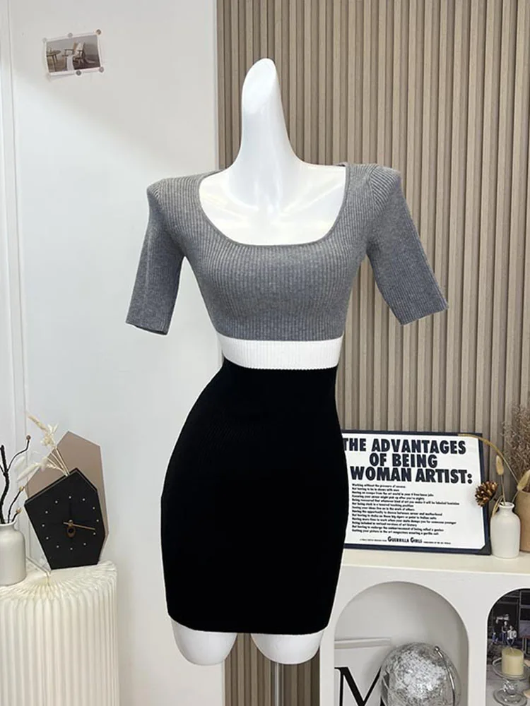 

New Design A-Line Dress Square Collar Contrasting Colors Corset Dress Spring Summer Short Sleeve Grey One-Piece Frocks Simple