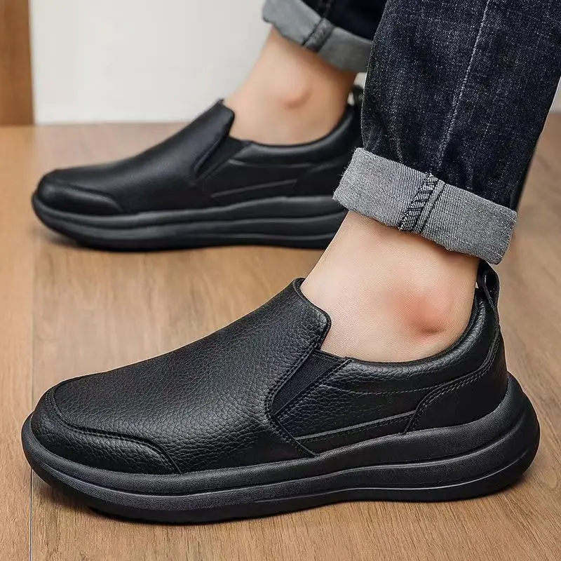 Man Leather Big Size Loose Slip On Casual Shoes Spring Autumn New Soft Sole Non Slip Round Toe Low Top Flat sole Work Shoes
