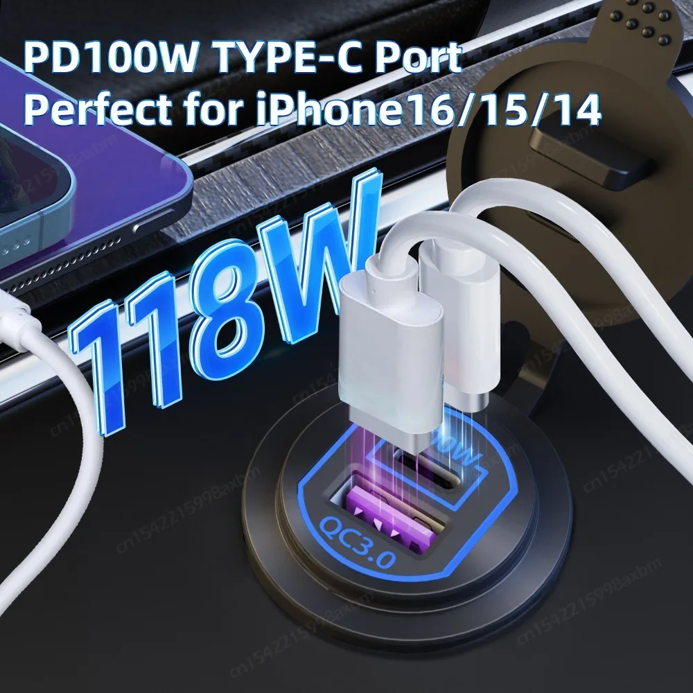 118W Aluminum 12V USB C Laptop Outlet PD 100W Port & QC3.0 18W Car Charger Socket Fast Charging for RV MarineTruck Boat Golf