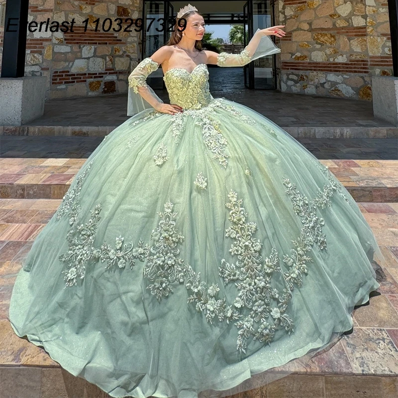 

EVLAST Sparkly Sage Green Quinceanera Dress Ball Gown Lace Applique Beaded Corset Mexican Sweet 16 Vestidos De 15 Años TQD863