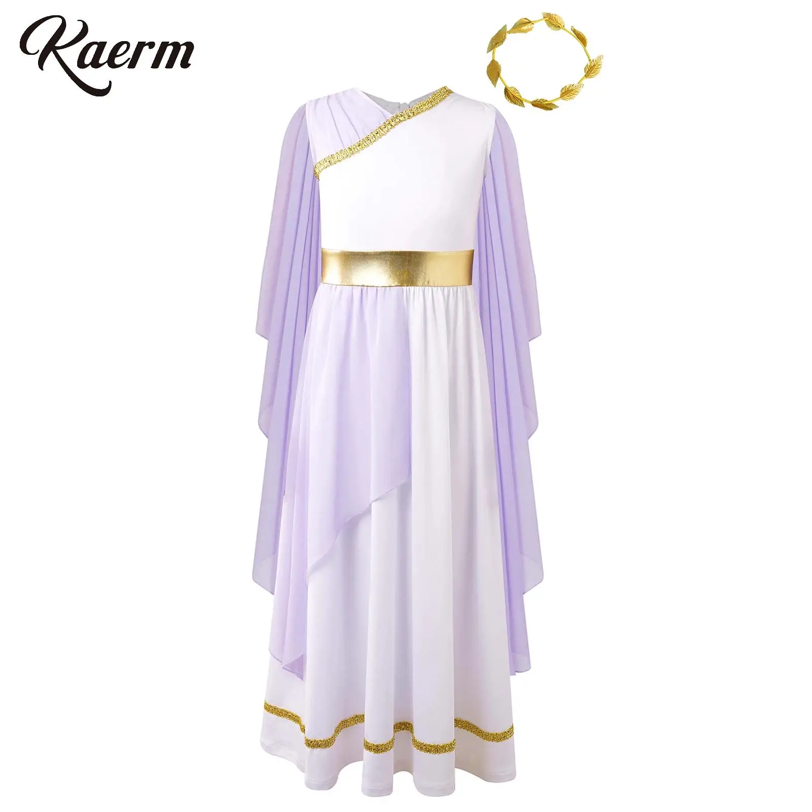 Kid Girls Halloween Ancient Greek Costume Chiffon Cap Sleeve Color Patchwork Gold Belt Dress with Gold Leaves Garland Head Wear