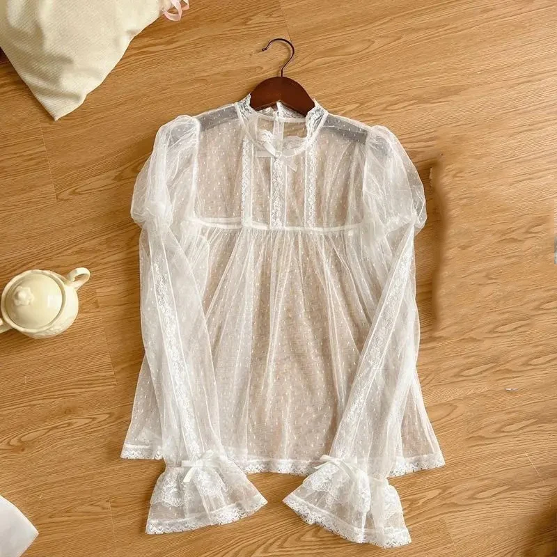 

Long Sleeve Gauze Blouse Women Clothing Sexy Korean Sexy Shirts 2025 Blusas Mujer De Moda Crop Tops See Through Summer Blouses