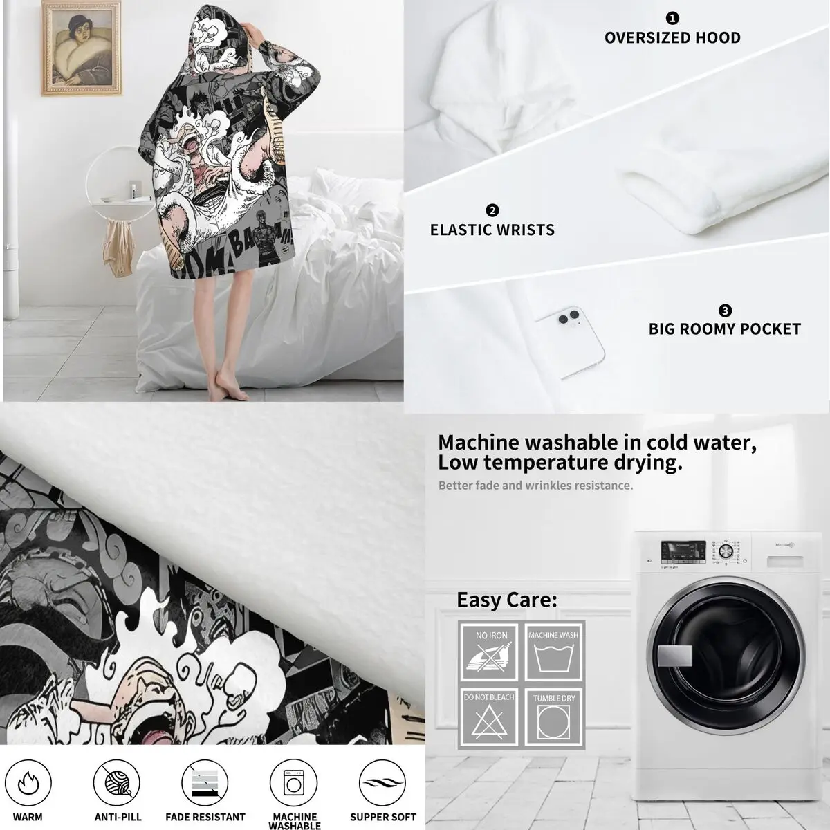 Luffy Gear One Piece Oversized Deken Hoodie Sweatshirt Lange Fleece Capuchon Draagbare Deken met Grote Zak voor Dames Heren