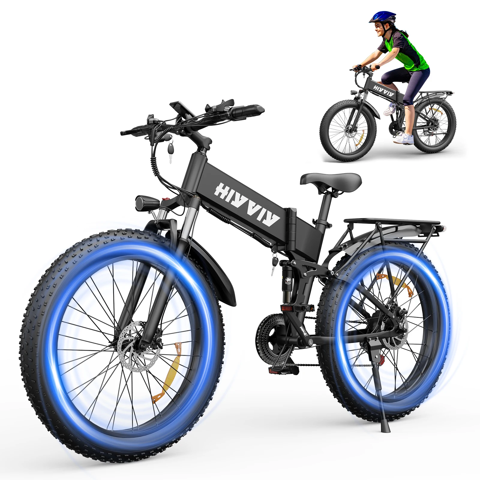 

Коллекция 2025 года, складной электрический велосипед HiyViy с пиковой подвеской 2000 Вт для взрослых, колеса 26 дюймов, аккумулятор 48 В 20 Ач, скорость 35 миль/ч, диапазон 40-60 миль