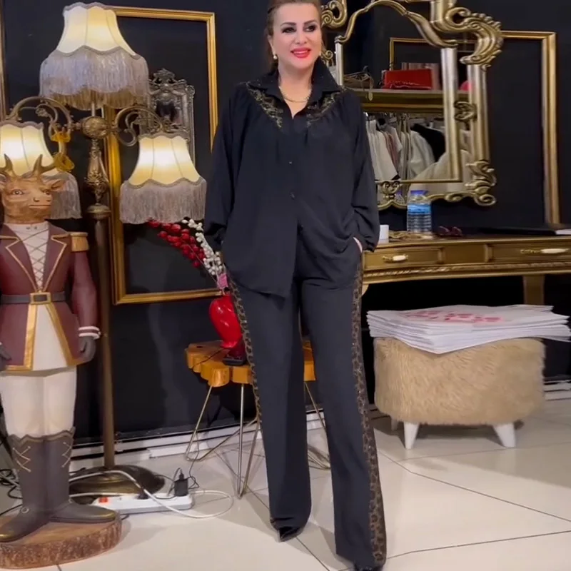 

Рубашка, комплект из 2 предметов, женская блузка с леопардовым принтом, широкие брюки, костюм Марокко, Дубай, повседневные прямые брюки, ансамбль, мусульманская одежда