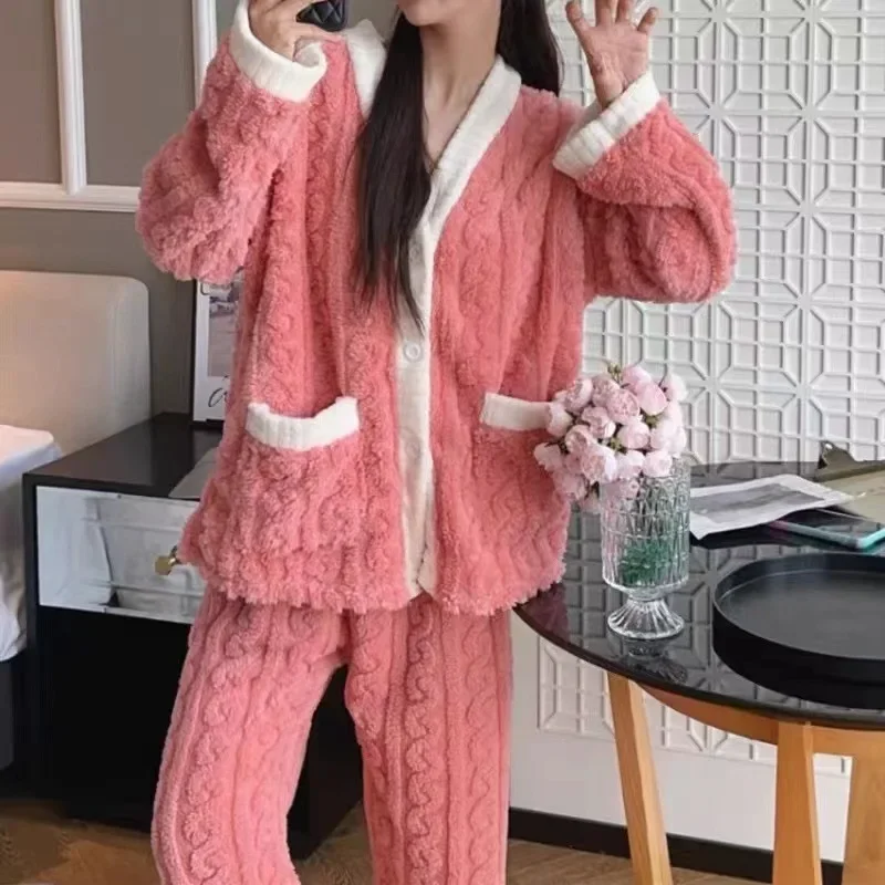 Autumn and Winter Pyjamas Female Padded Thickened 2 Piece Pajamas Set Casual Soft Warm V-neck Coral Velvet Suit Homewear Clothes